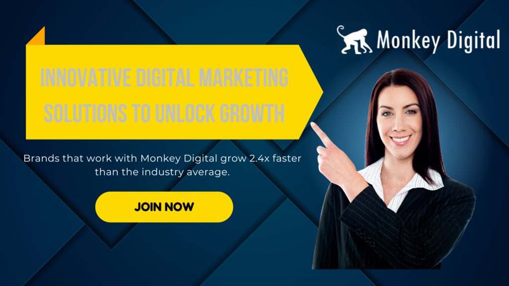 "Accelerate brand growth with Monkey Digital, a top digital marketing agency in India. Features a smiling woman's face and brand success information."