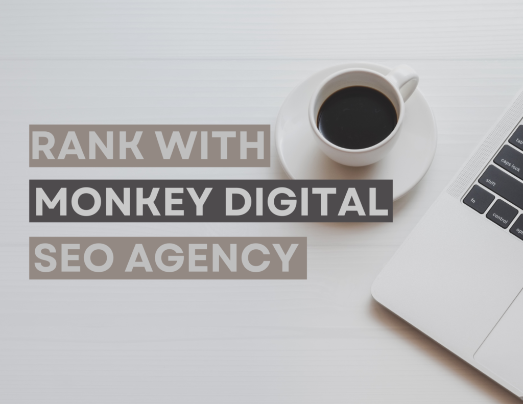 Logo for RANK WITH MONKEY DIGITAL SEO AGENCY, featuring "tal" text, keys (caps lock, shift, fn, control, Op), and phrases.