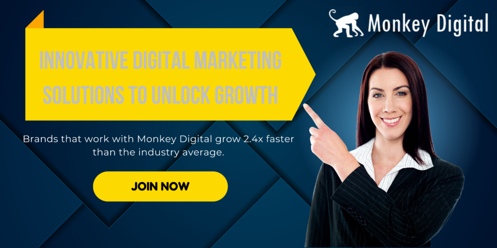 Arrow pointing down with Monkey Digital's digital marketing solutions promotion text and a call-to-action to join now.