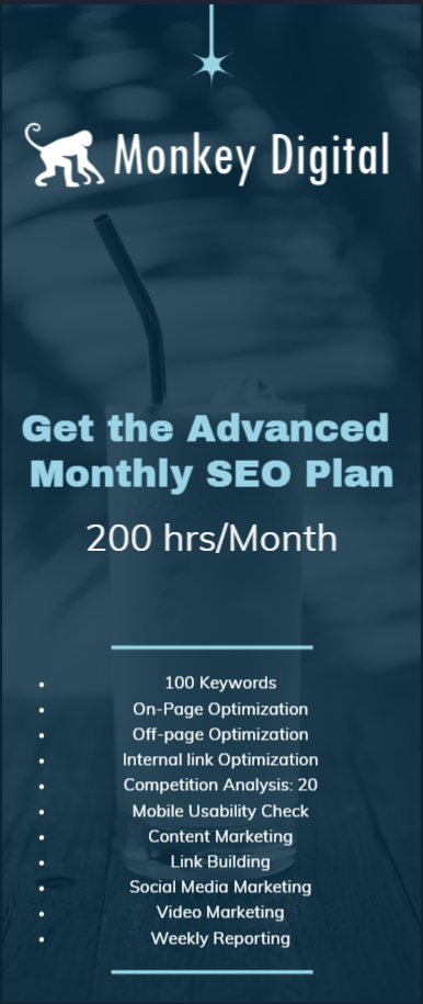 A screenshot of a digital marketing plan for monkeys. Includes monthly SEO, competition analysis, content and social media marketing, and weekly reporting.