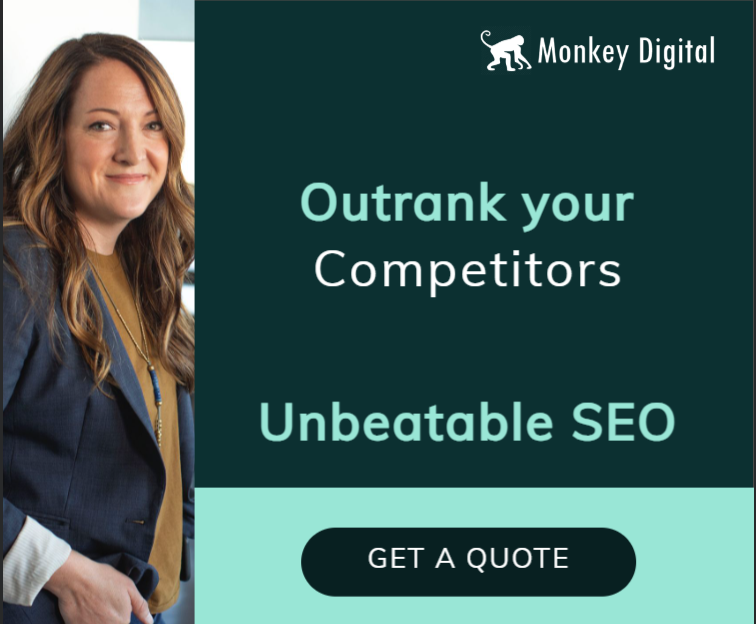 Image of person standing by "Z Monkey Digital" sign, advertising "Outrank your Competitors" and "Unbeatable SEO."